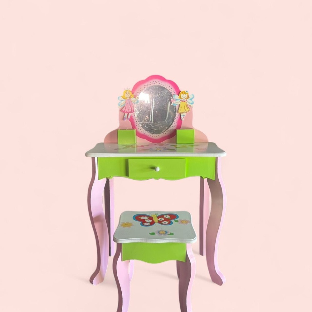 Kids Fairy Vanity Set with Mirror - Green and Pink